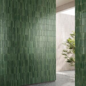 Vertical stack installation of glossy, vibrant ceramic subway wall tiles from the Ragno Look collection in a modern residential space.