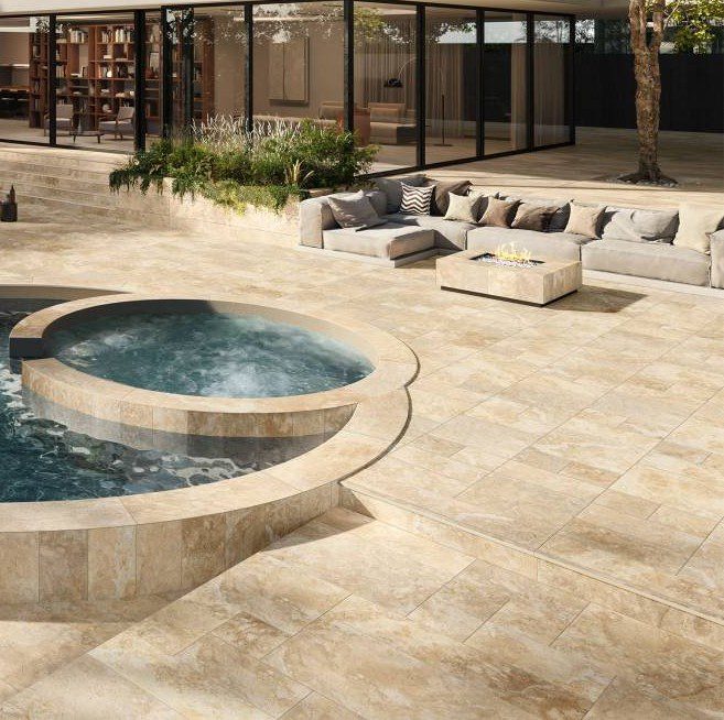 Frontier 20 Cross Cut Cream Porcelain Pavers Pool Surround